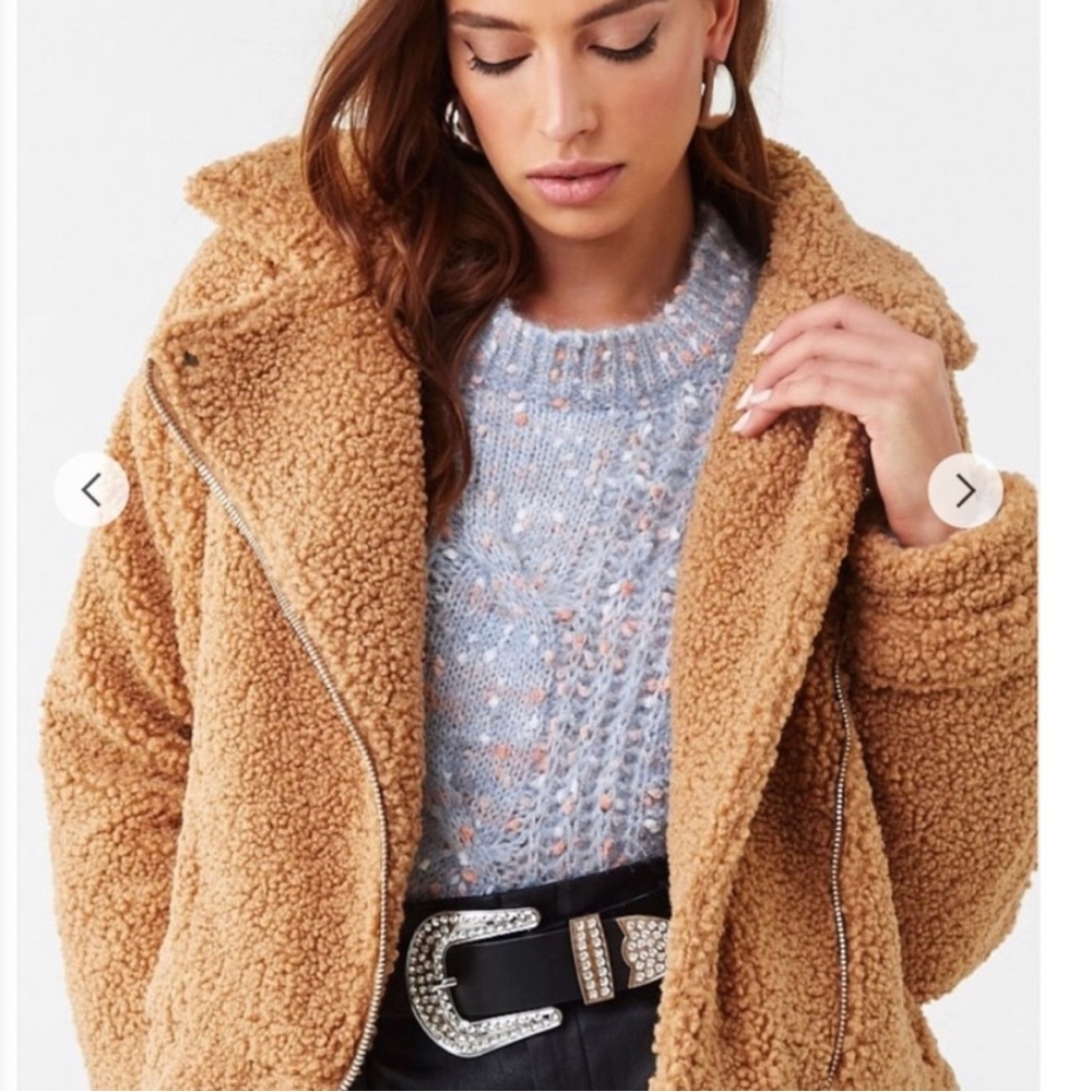 Forever 21 Women’s Teddy Bear Sherpa Fleece Moto‎ Jacket Coat Brown Small Cozy